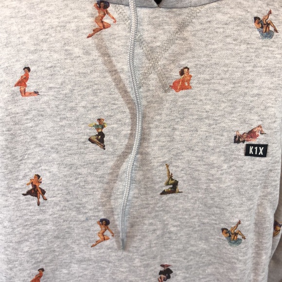 Mens K1X Warm Fleece Sportswear Pin Up Babes Hoodie Light Gray sizes XL and 2XL - Picture 5 of 8